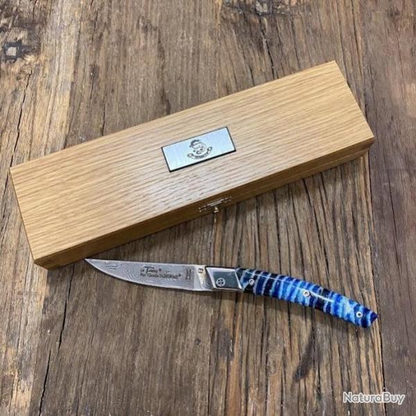 Couteau de poche Le Thiers RLT lame Damas manche molaire de mammouth bleu + coffret Artums & Co