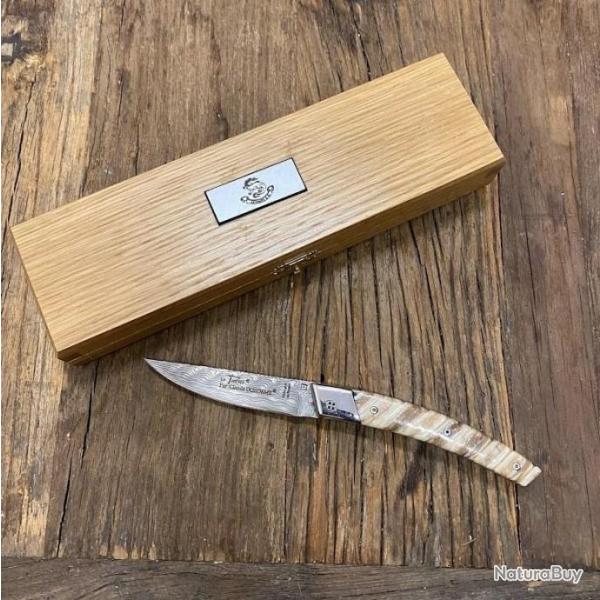 Couteau de poche Le Thiers RLT lame Damas manche molaire de mammouth naturel + coffret Artums & Co