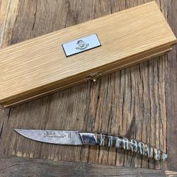 Couteau de poche Le Thiers® RLT lame Damas manche molaire de mammouth vert + coffret Artumès & Co