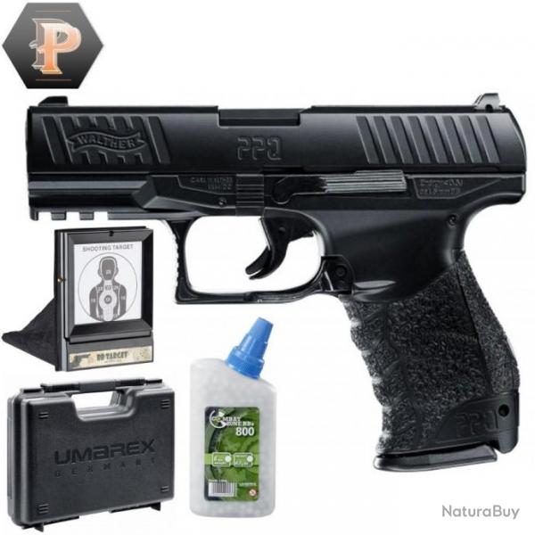 Pistolet Airsoft Walther PPQ billes de 6mm  ressort 0,5J + billes + mallette + porte cible + cible