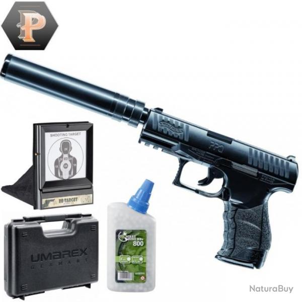 Pistolet Walther PPQ Navy billes 6mm  ressort 0,5J + billes + mallette + porte cible + cible