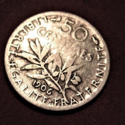 1906 piece de  50 centimes argent "semeuse "