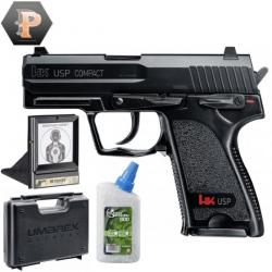 Pistolet HK USP compact billes 6mm à ressort 0,5J + billes + mallette + porte cible + cibles