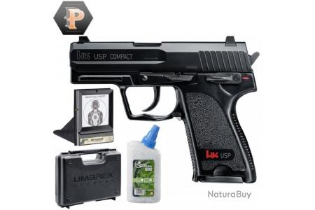 Pistolet HK USP compact billes 6mm à ressort 0,5J + billes + mallette +  porte cible + cibles - Pistolets (10279257)