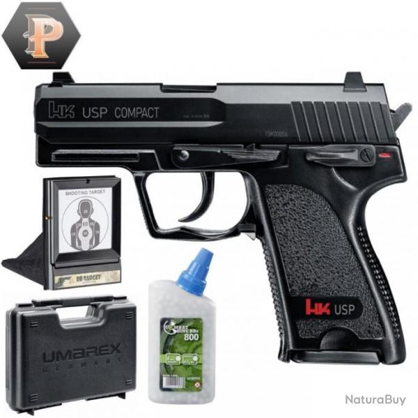 Pistolet HK USP compact billes 6mm  ressort 0,5J + billes + mallette + porte cible + cibles