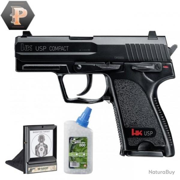 Pistolet HK USP compact billes 6mm  ressort 0,5J + billes + porte cible + cibles