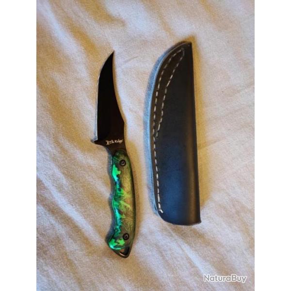 Couteau Elk Ridge lame noire manche Camo vert avec tui de transport maison