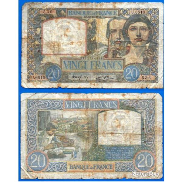France 20 Francs 1941 Science et Travail Billet Franc Frcs