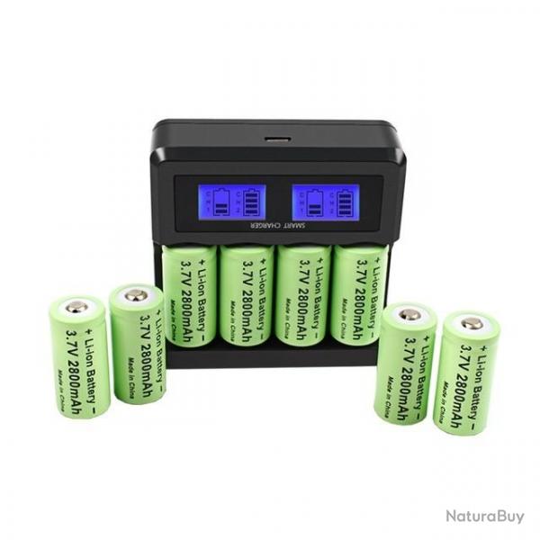 Lot de 8 piles rechargeables CR123A 3.7V Li-ion avec base de recharge USB