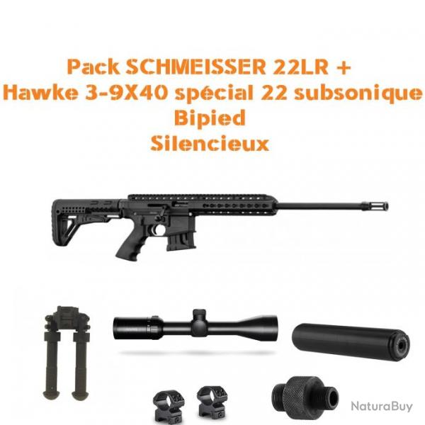 Pack SCHMEISSER 22LR + Hawke 3-9X40 spcial 22 subsonique 1/2X20 UNF