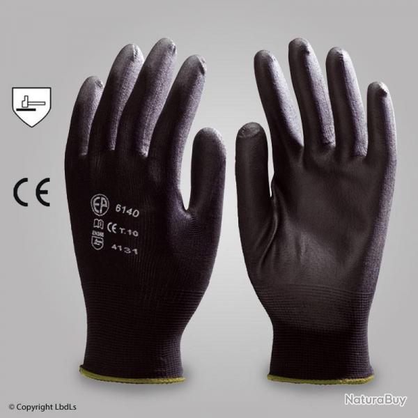 Gants de palpation suret paume enduite en PU, lot de 10 paires NOIR T6
