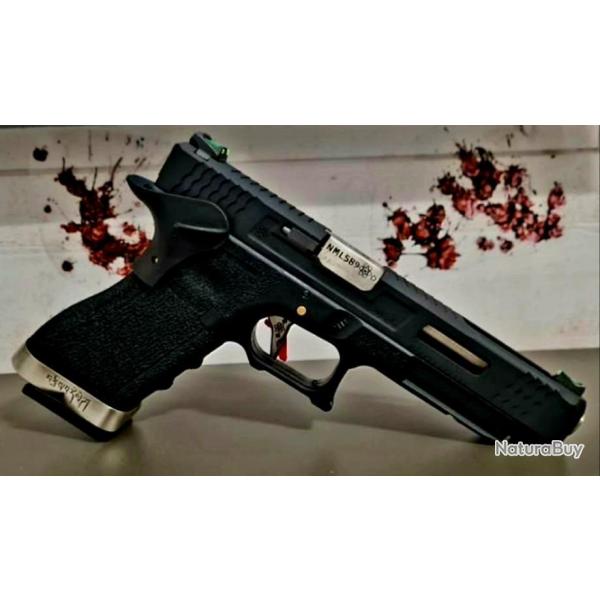 PRE C0MMANDE 2024 Glock34 FORCE BLACK SLIDE & SILVER BARREL WE CUSTOM FIBRE OPTIQUE PHOSPHORESCENTE