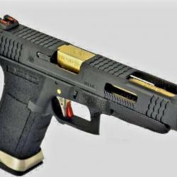 PRE COMMANDE GLOCK34 FORCE BLACK SLIDE & [GOLD BARREL] WE CUSTOM AVEC FIBRE OPTIQUE PHOSPHO BY PNA