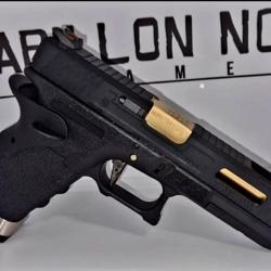 PRE COMMANDE GLOCK34 FORCE BLACK SLIDE & [GOLD BARREL] WE CUSTOM AVEC FIBRE OPTIQUE PHOSPHO BY PNA