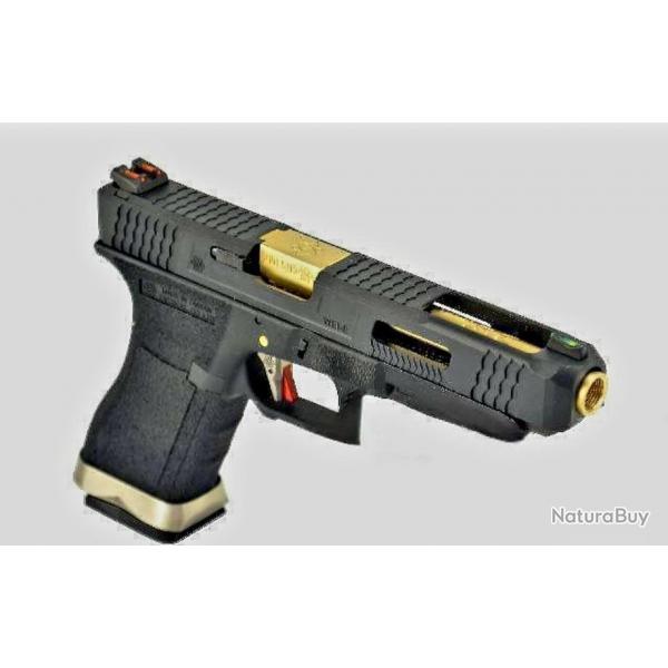 PRE COMMANDE GLOCK34 FORCE BLACK SLIDE & [GOLD BARREL] WE CUSTOM AVEC FIBRE OPTIQUE PHOSPHO BY PNA