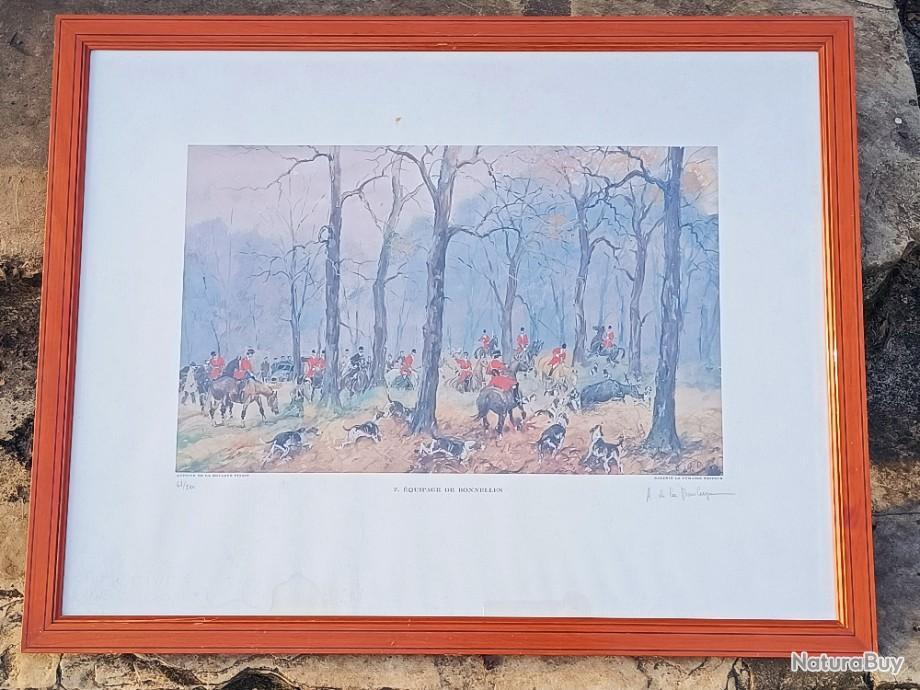 L'Ouverture De La Chasse - Lithographie Aquarellée Originale Du XIXe - Estampe Ancienne 57x65 Cm