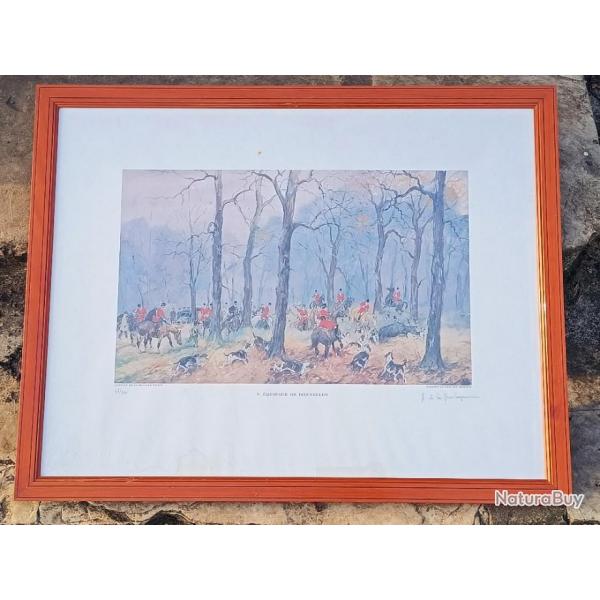 Tableau lithographie Signe numrote Antoine de La Boulaye chasse  courre quipage de Bonnelles