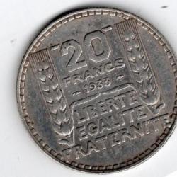 20 Francs  Argent TURIN  1933 Superbe état -