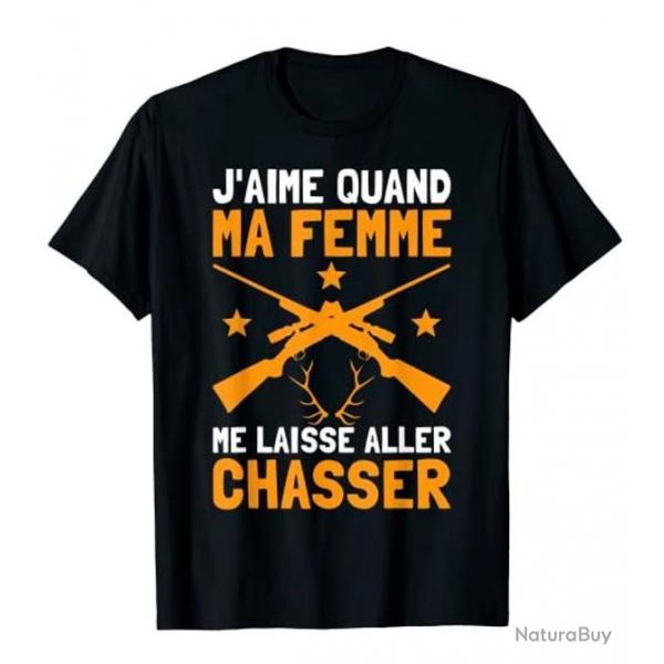 Tee-shirt pour la chasse - Humoristique - "J'AIME QUAND MA FEMME..." - Noir