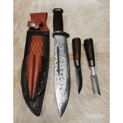 Couteau De Chasse Blade Hunters Lame Fixe Acier Damas 4.5" Manche Bois + Fourreau Cuir
