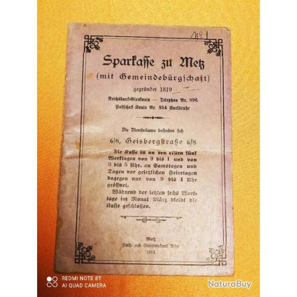 1918, RARE LIVRET DE CAISSE D'EPARGNE MOSELLE METZ, EN ALLEMAND, FAMILLE CATTOEN
