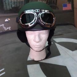 CASQUE MOTO OLIVE TYPE VINTAGE,AVEC LUNETTES