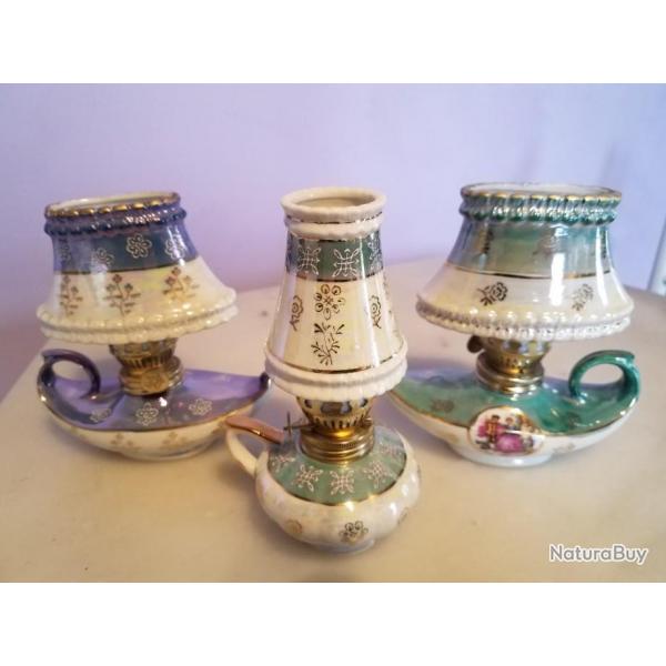 Lot de 3 lampes anciennes en porcelaine en excellent tat