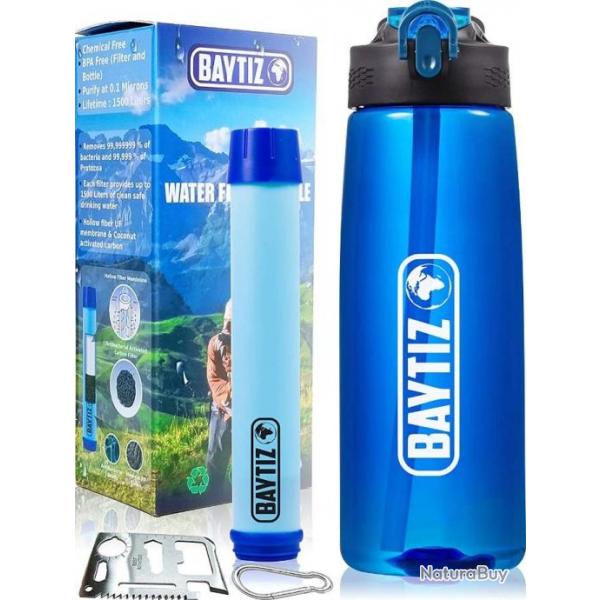 Gourde filtrante Paille de Survie au Charbon Actif Bouteille Filtre  Eau Nomade