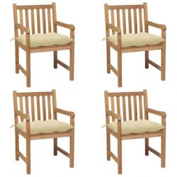 Chaises de jardin 4 pcs avec coussins blanc crème Teck solide