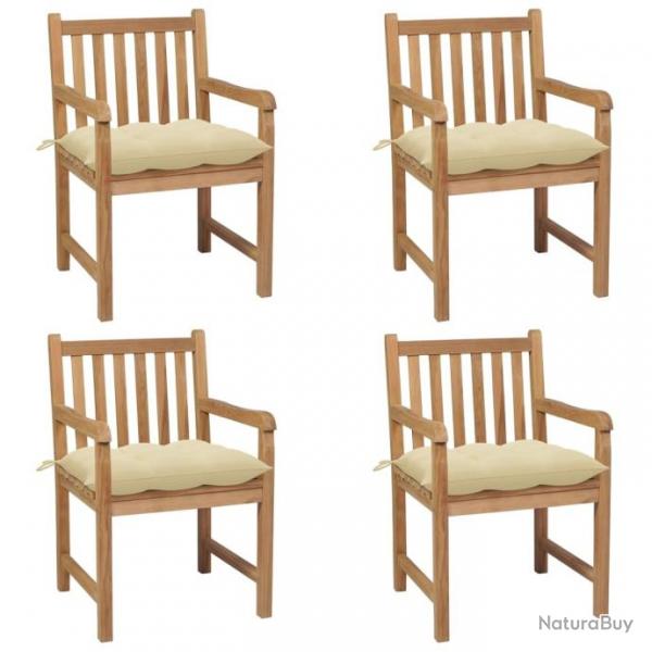 Chaises de jardin 4 pcs avec coussins blanc crme Teck solide