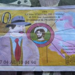RARE BILLET 1994 10 POLARS FESTIVAL DE COGNAC MARQUE BANQUE DE FRANCE JAMAIS VU