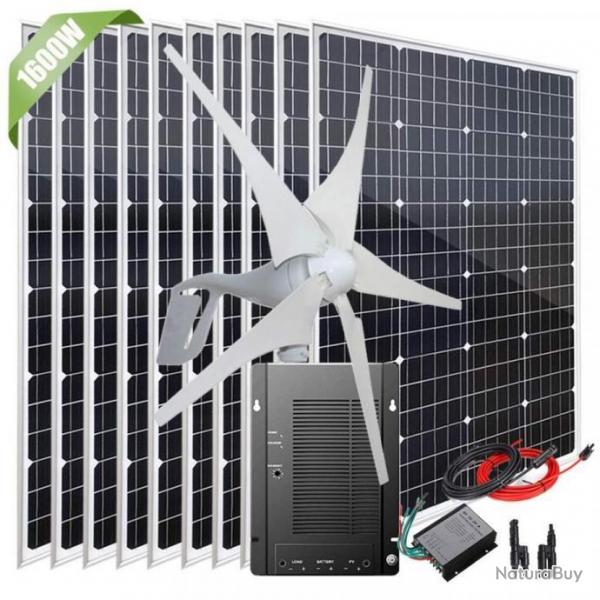 Kit olienne et solaire de 1600 W - 10 panneaux solaires 120W - Kit de secours - Contrleur 12V