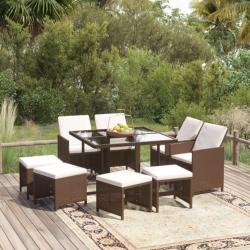 Meubles à dîner de jardin et coussins 9 pcs Poly rotin Marron