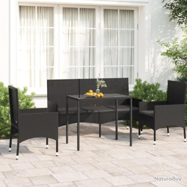 Salon de jardin 4 pcs avec coussins Noir Rsine tresse