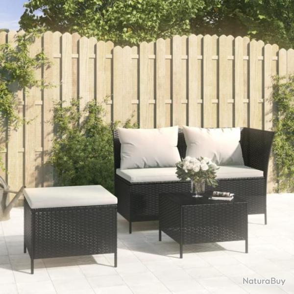 Salon de jardin 3 pcs avec coussins Noir Rsine tresse