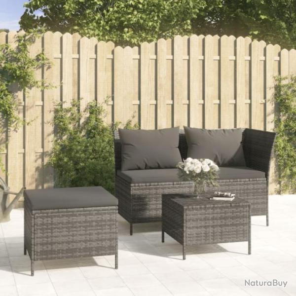 Salon de jardin 3 pcs avec coussins Gris Rsine tresse