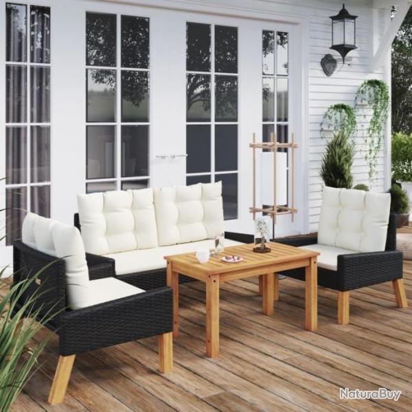 Salon de jardin 4 pcs et coussins Rsine tresse et bois massif