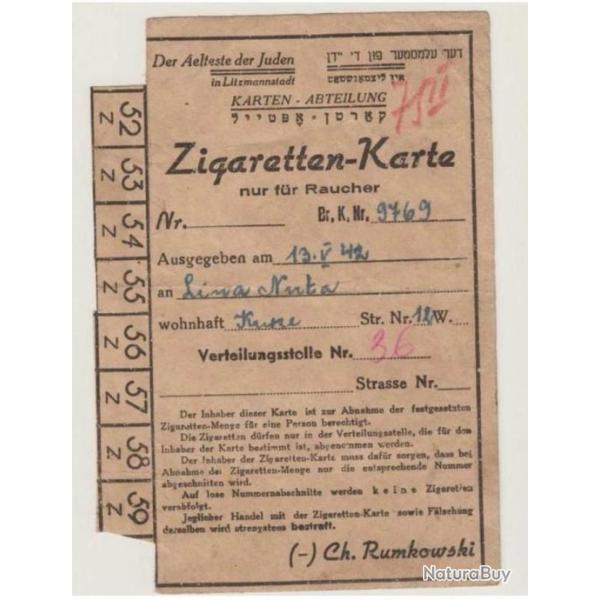 2e guerre Mondiale WW2 : Carte ration cigarettes Allemagne / Pologne: Ghetto Litzmannstadt