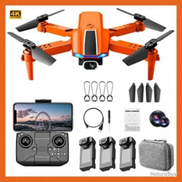 Drone 4K GPS avec double camra - 3 batteries - Sac de rangement - Orange - Livraison gratuite
