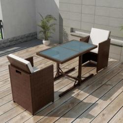 Salon de jardin encastrable 3 pcs et coussins Rotin Marron