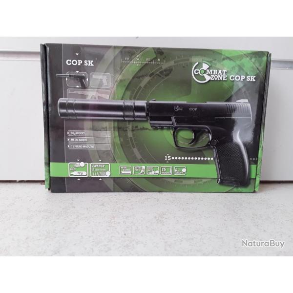 9618 PISTOLET AIRSOFT COMBAT ZONE COP SK BBS 6MM CO2 2JOULES  NEUF