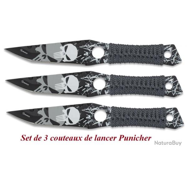 Set de 3 Couteaux de lancer Skull Punisher lame droite de 10 cm