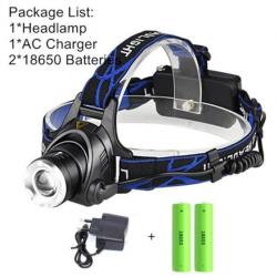 Lampe Frontale LED 5000 lumens, rechargeable, avec batterie et chargeur