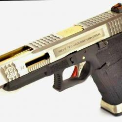 PRE COMMANDE GLOCK34 SILVER SLIDE&GOLD BARREL WE CUSTOM AVEC FIBRE OPTIQUE PHOSPHORESCENT BY PNA