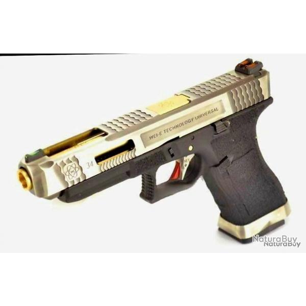 PRE COMMANDE GLOCK34 SILVER SLIDE&GOLD BARREL WE CUSTOM AVEC FIBRE OPTIQUE PHOSPHORESCENT BY PNA