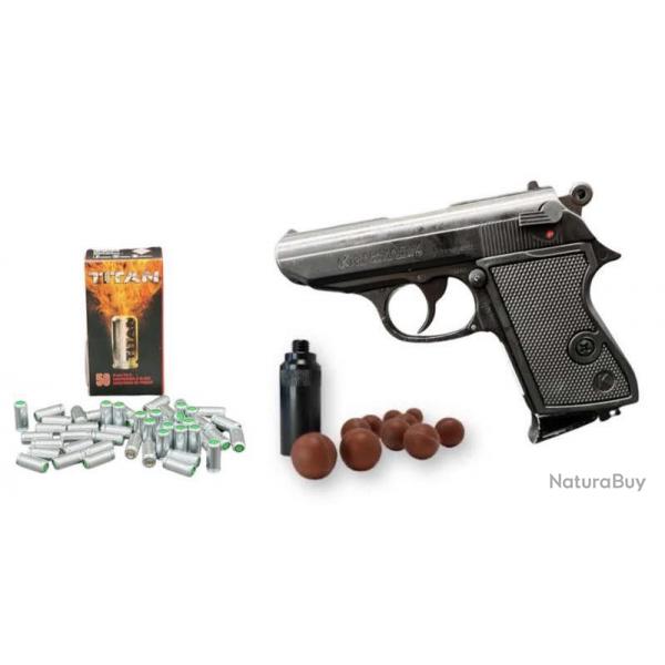 Pack dfense Pistolet  blanc Kimar Lady rplique Walther PPK + embout self Gomm + 10 munitions GOMM