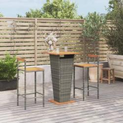 bar jardin 3 pcs gris poly rotin/bois massif acacia