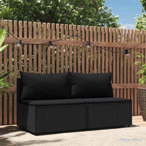 Canaps centraux de jardin et coussins 2pcs Noir Rsine tresse