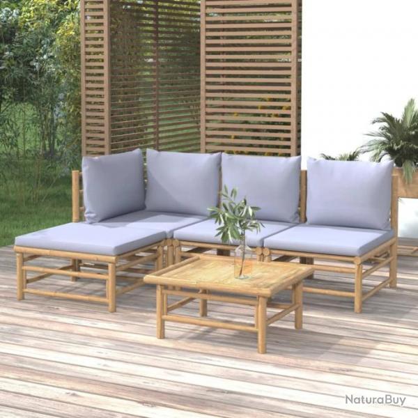 vidaXL Salon de jardin 5 pcs avec coussins gris clair bambou