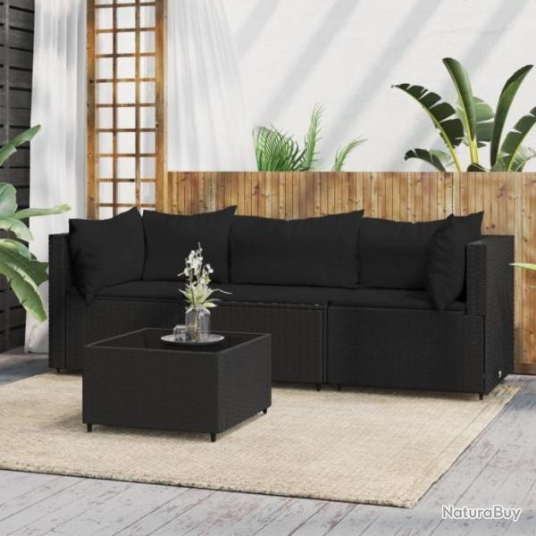 Salon de jardin 4 pcs avec coussins Noir Rsine tresse